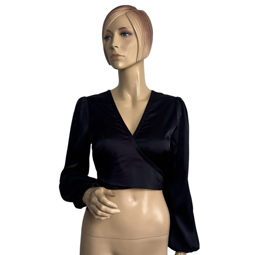 Abercrombie & Fitch Black Satin Wrap Tie Back Puff Sleeve Crop Top Size Small